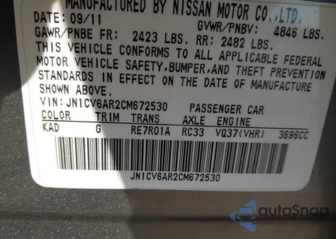 2012 Infiniti G37X z USA, uszkodzony, nr VIN JN1CV6AR2CM672530